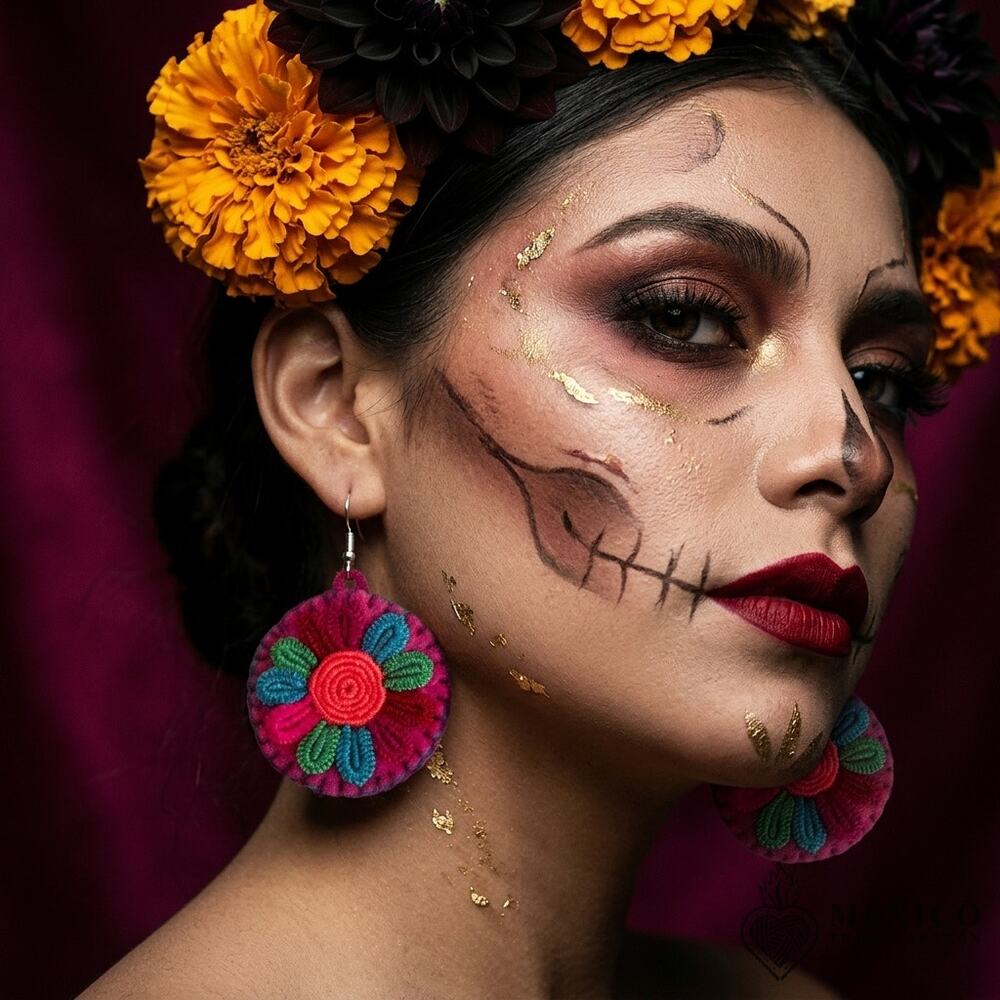 Multicolor hand embroidered felt Day of the Dead Earrings – Catrina Style